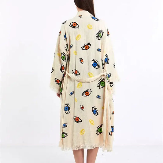 Organic Cotton Colorful Evil Eye Kimono, Long Robe