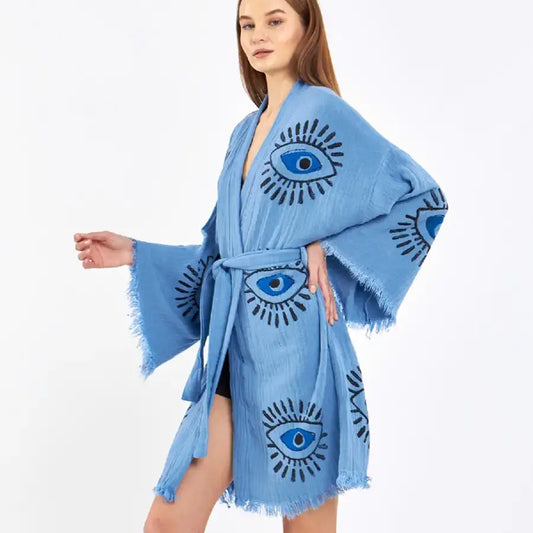 Short Evil Eye Kimono, Organic Cotton Kimono, Boho Kimono