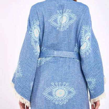 Blue Evil Eye Kimono, Long Cotton Robe, Cotton Kafthan