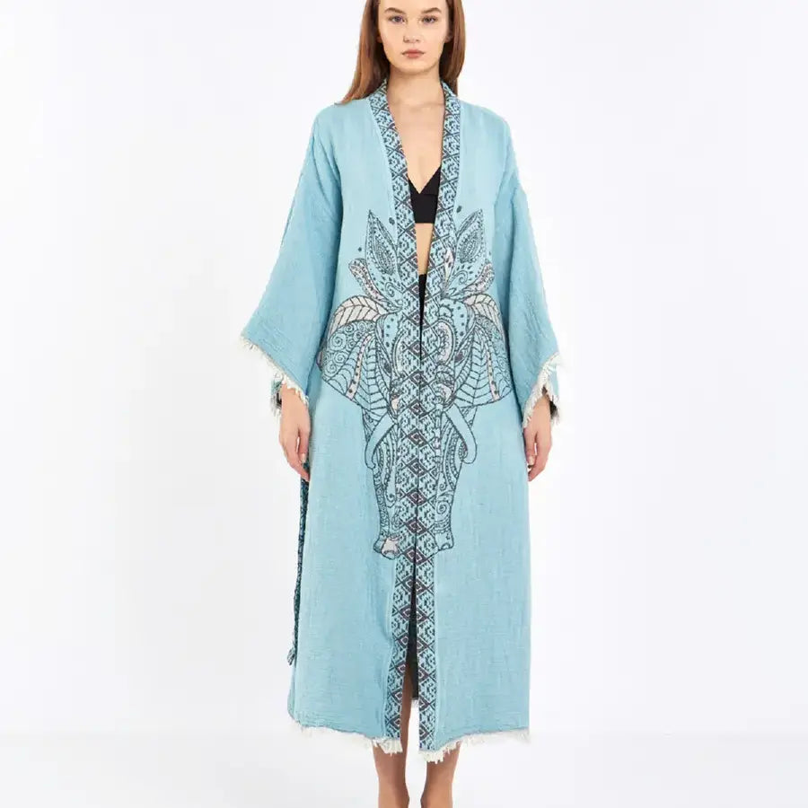 Blue Kimono, Boho Robe, Kaftan Kimono, Jacquard Kimono