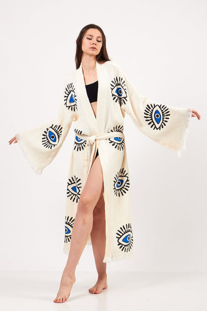 Evil Eye Robe, Cotton Kimono, Handmade Kimono for Women