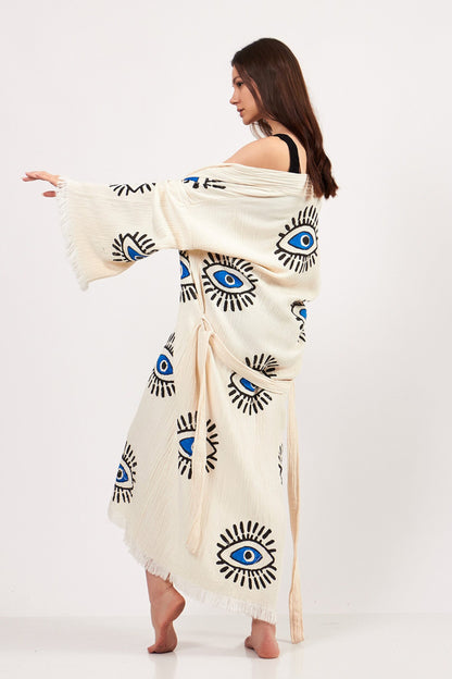Evil Eye Robe, Cotton Kimono, Handmade Kimono for Women