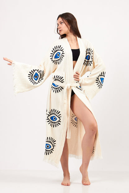 Evil Eye Robe, Cotton Kimono, Handmade Kimono for Women