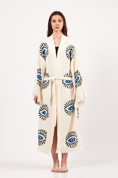 Evil Eye Robe, Cotton Kimono, Handmade Kimono for Women