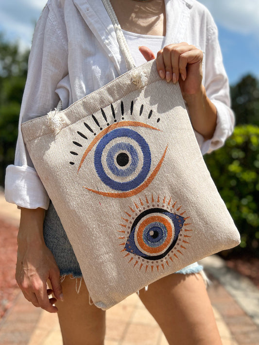 Evil Eye Shoulder Bag, Woven Fabric Tote Bag, Beach Bag