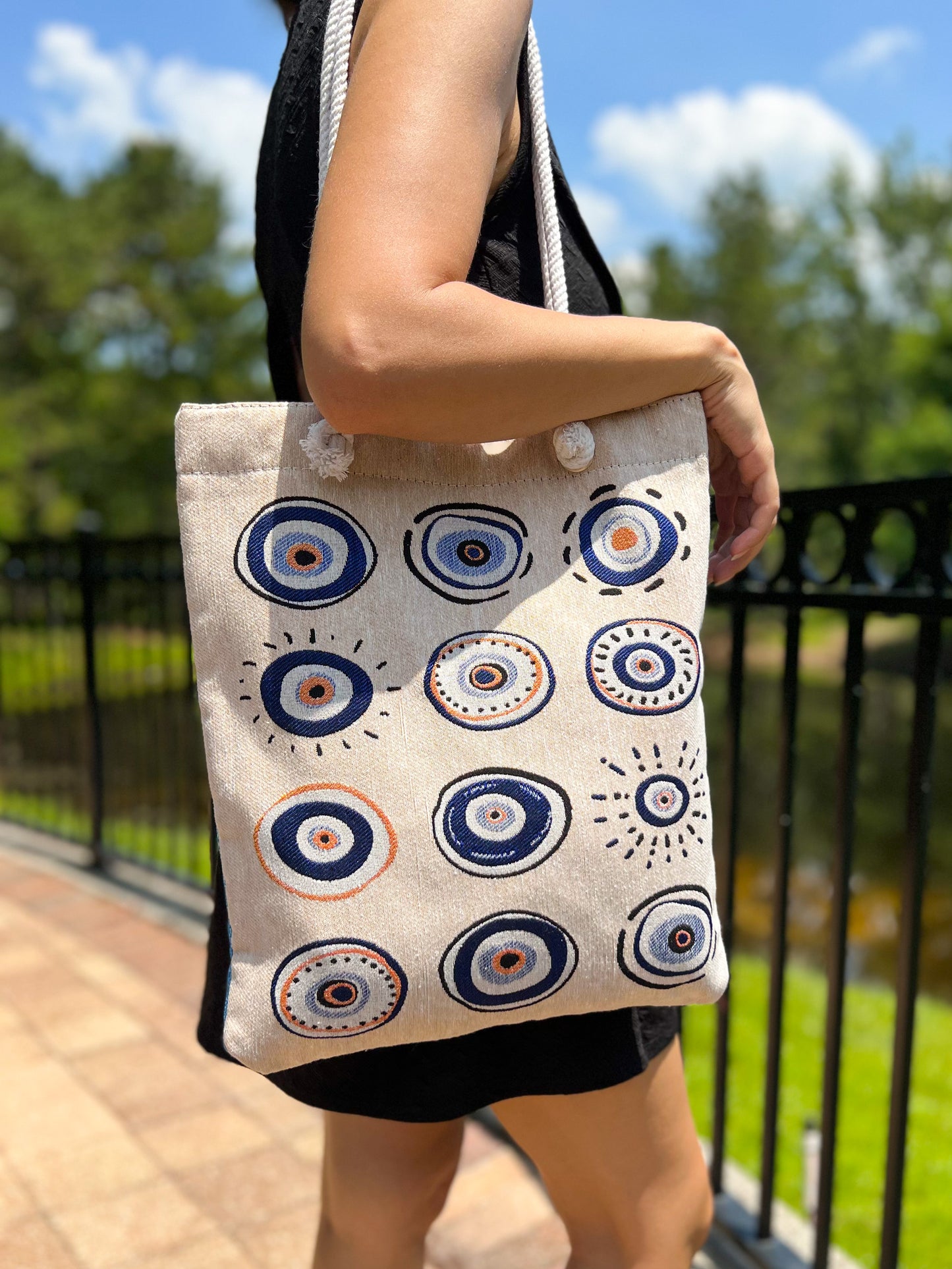 Evil Eye Tote Bag, Boho Beach Bag, Woven Shoulder Bag