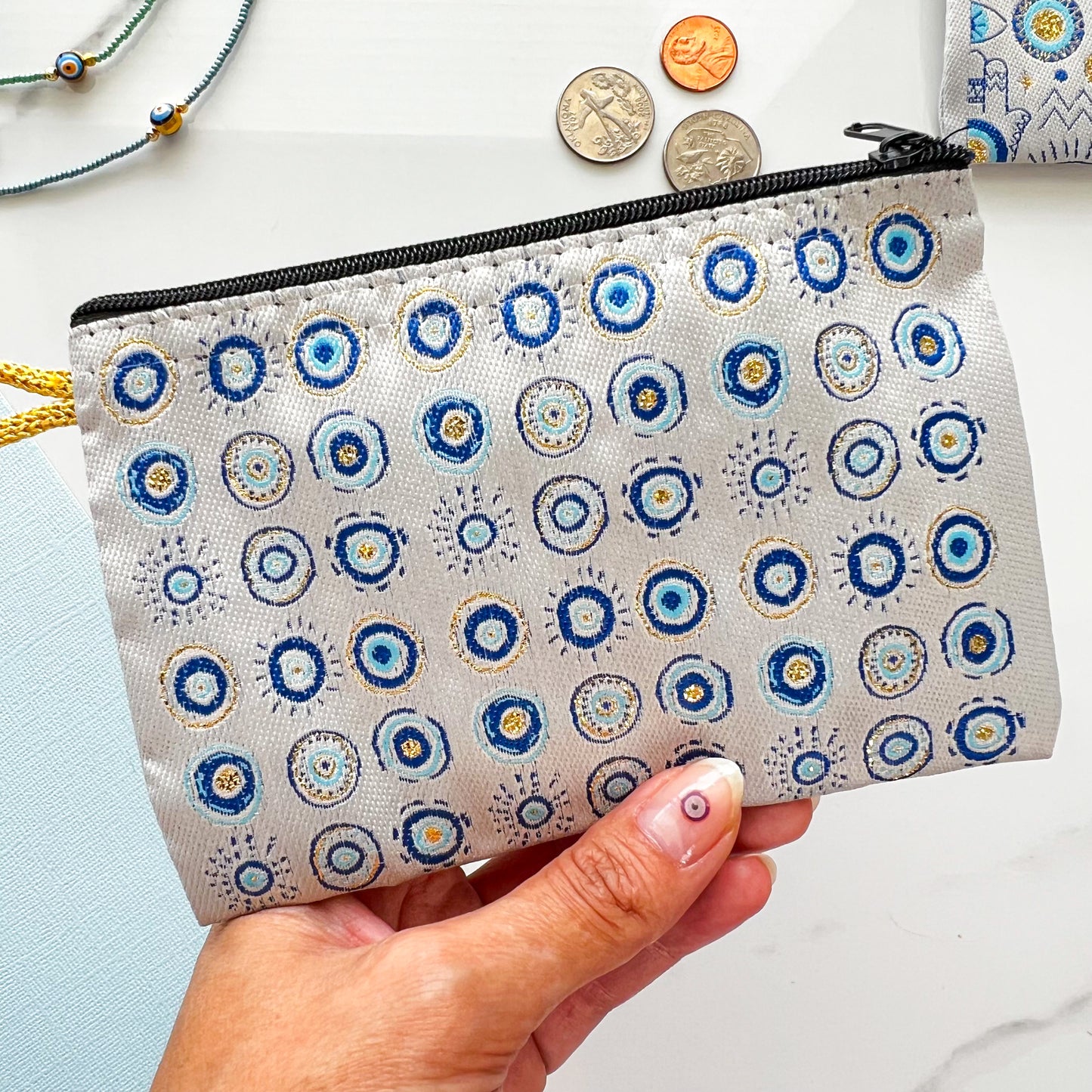 Boho Coin Purse, Handmade Zipper Pouch, Evil Eye Coin Purse