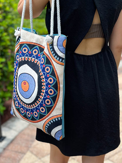 Evil Eye Shoulder Bag, Boho Tote Bag, Handmade Beach Bag