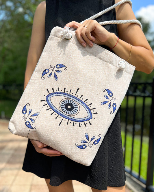 Evil Eye Tote Bag, Fabric Beach Bag, Coastal Bag for Women