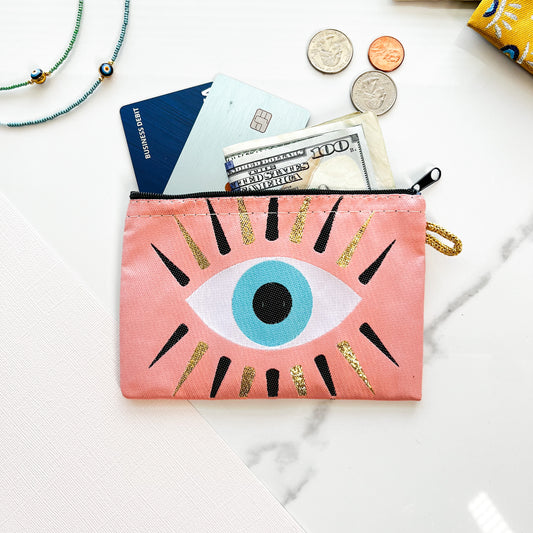 Cute Boho Coin Purse, Evil Eye Coin Purse, Handmade Zipper Pouch