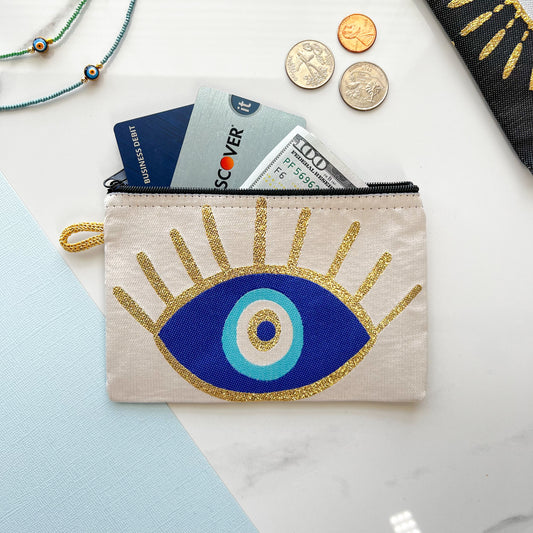 Evil Eye Coin Purse, Boho Zipper Pouch, Handmade Coin Purse