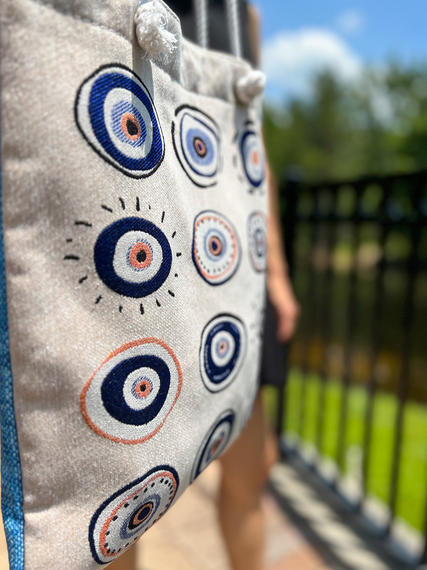 Evil Eye Tote Bag, Boho Beach Bag, Woven Shoulder Bag