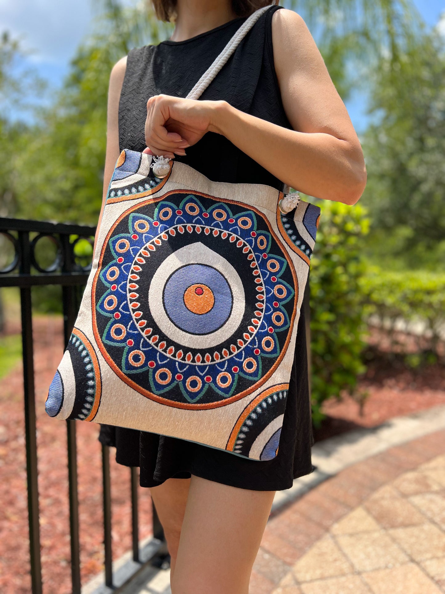 Evil Eye Shoulder Bag, Boho Tote Bag, Handmade Beach Bag