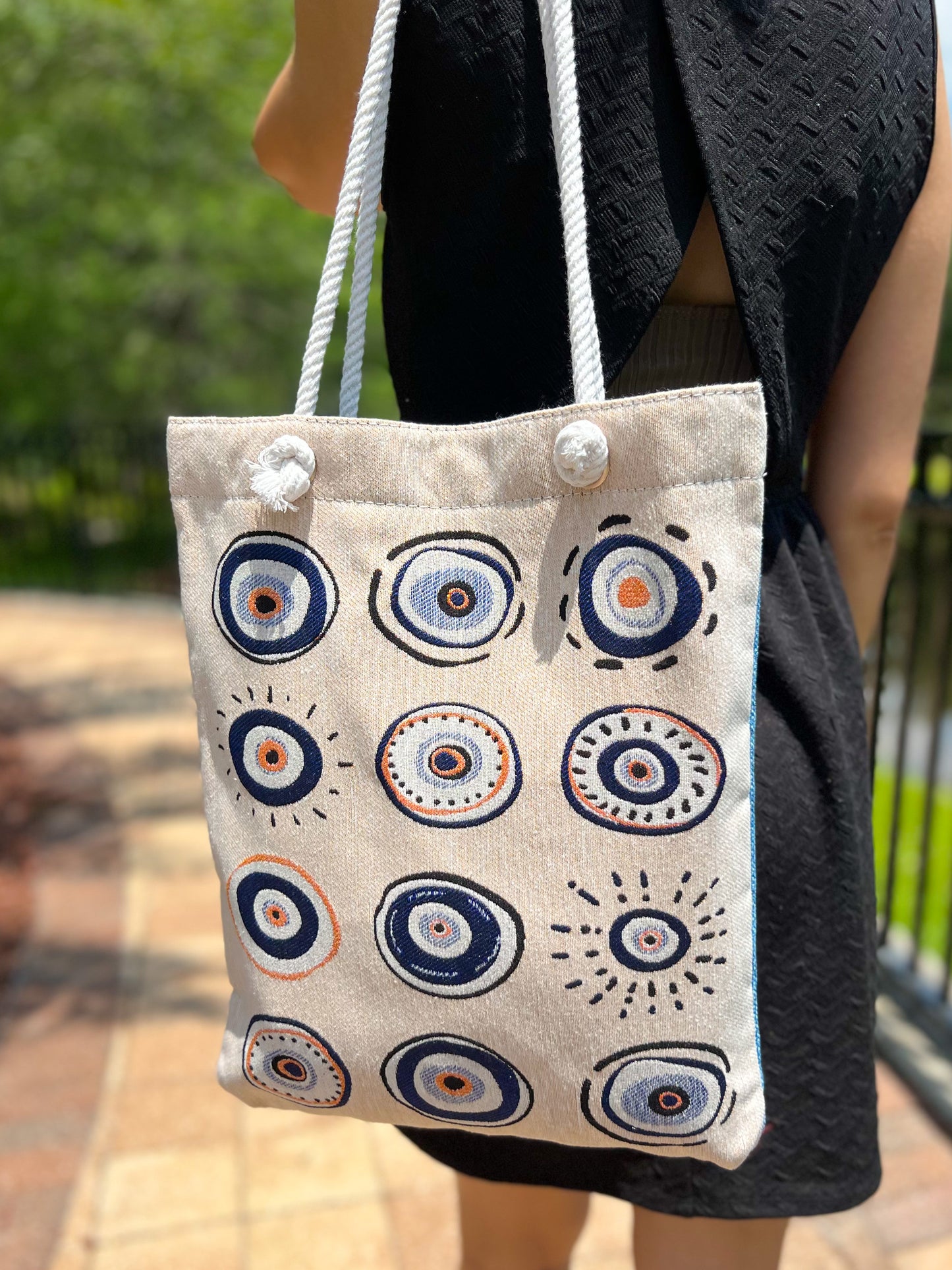 Evil Eye Tote Bag, Boho Beach Bag, Woven Shoulder Bag