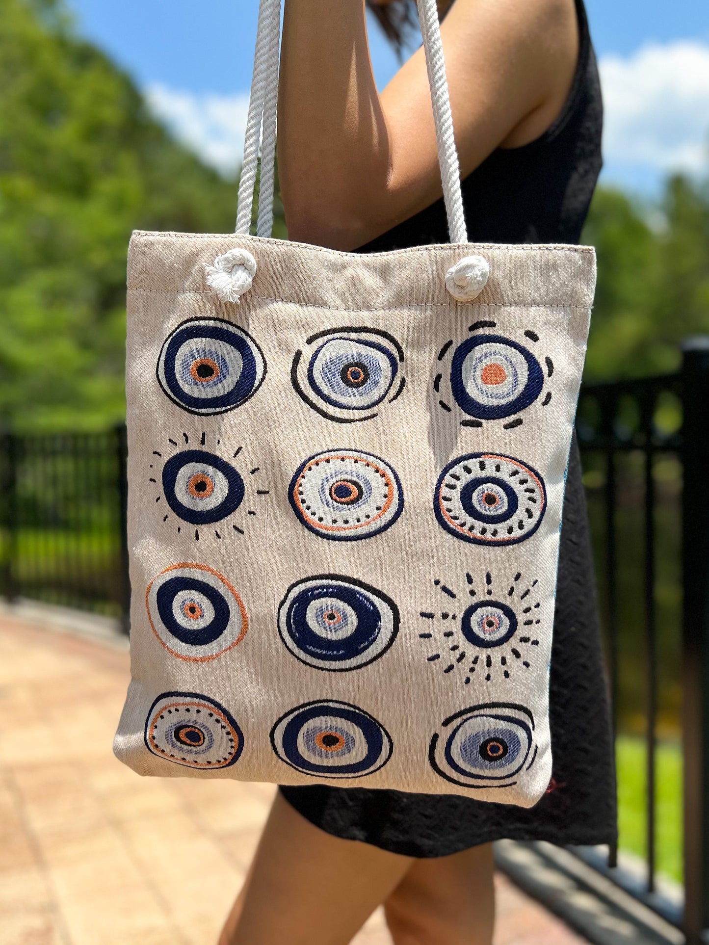 Evil Eye Tote Bag, Boho Beach Bag, Woven Shoulder Bag