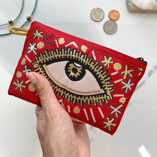 Evil Eye Coin Purse, Bohemian Zipper Pouch, Handmade Coin Purse