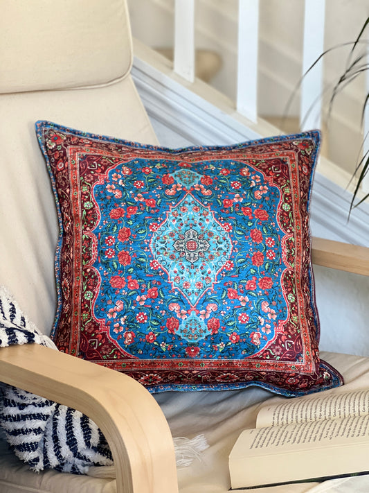 Blue Pillow Cover, Rug Design Pillow Cover, Cotton Handmade