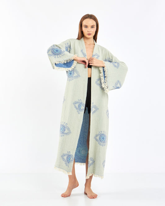 Baby Blue Kimono, Evil Eye Robe, %100 Cotton Kimono