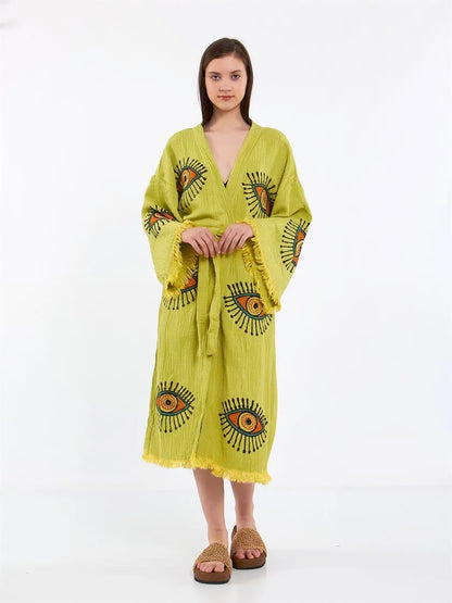 Green Kimono, Organic Cotton Soft Robe, Evil Eye Robe