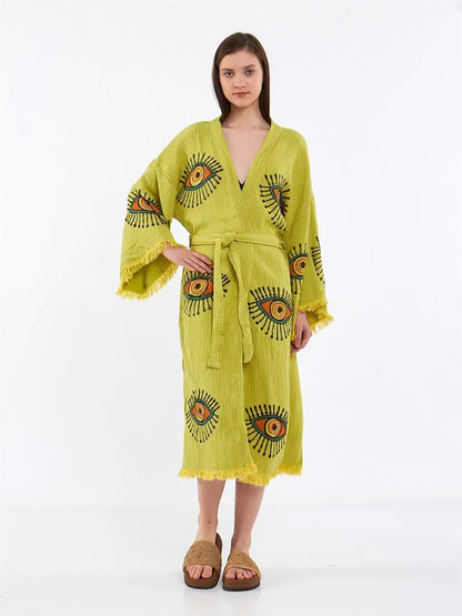 Green Kimono, Organic Cotton Soft Robe, Evil Eye Robe