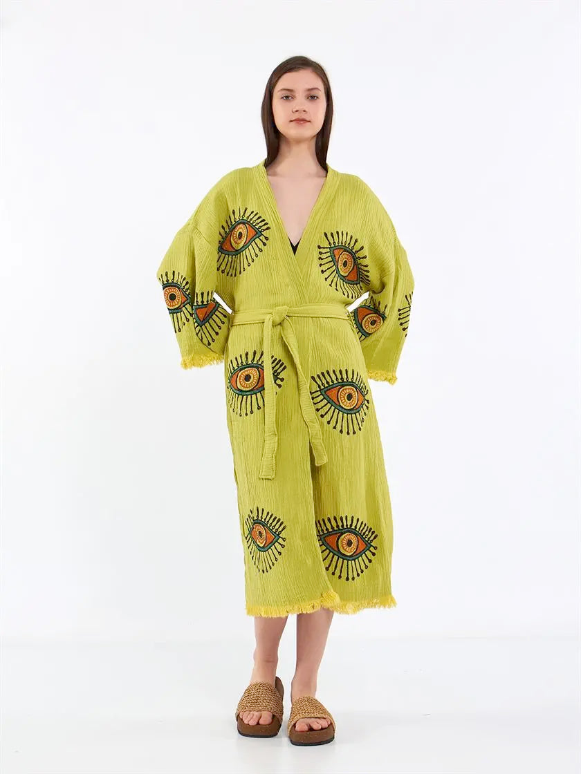 Green Kimono, Organic Cotton Soft Robe, Evil Eye Robe