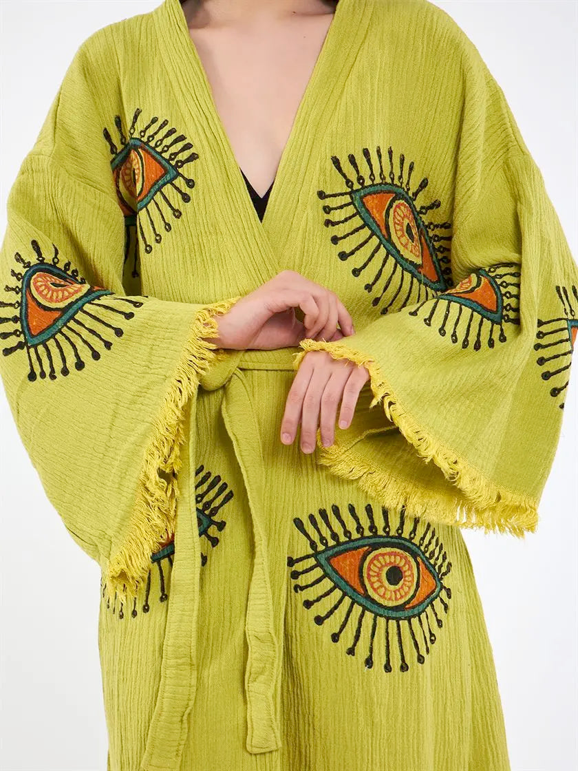 Green Kimono, Organic Cotton Soft Robe, Evil Eye Robe