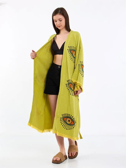 Green Kimono, Organic Cotton Soft Robe, Evil Eye Robe