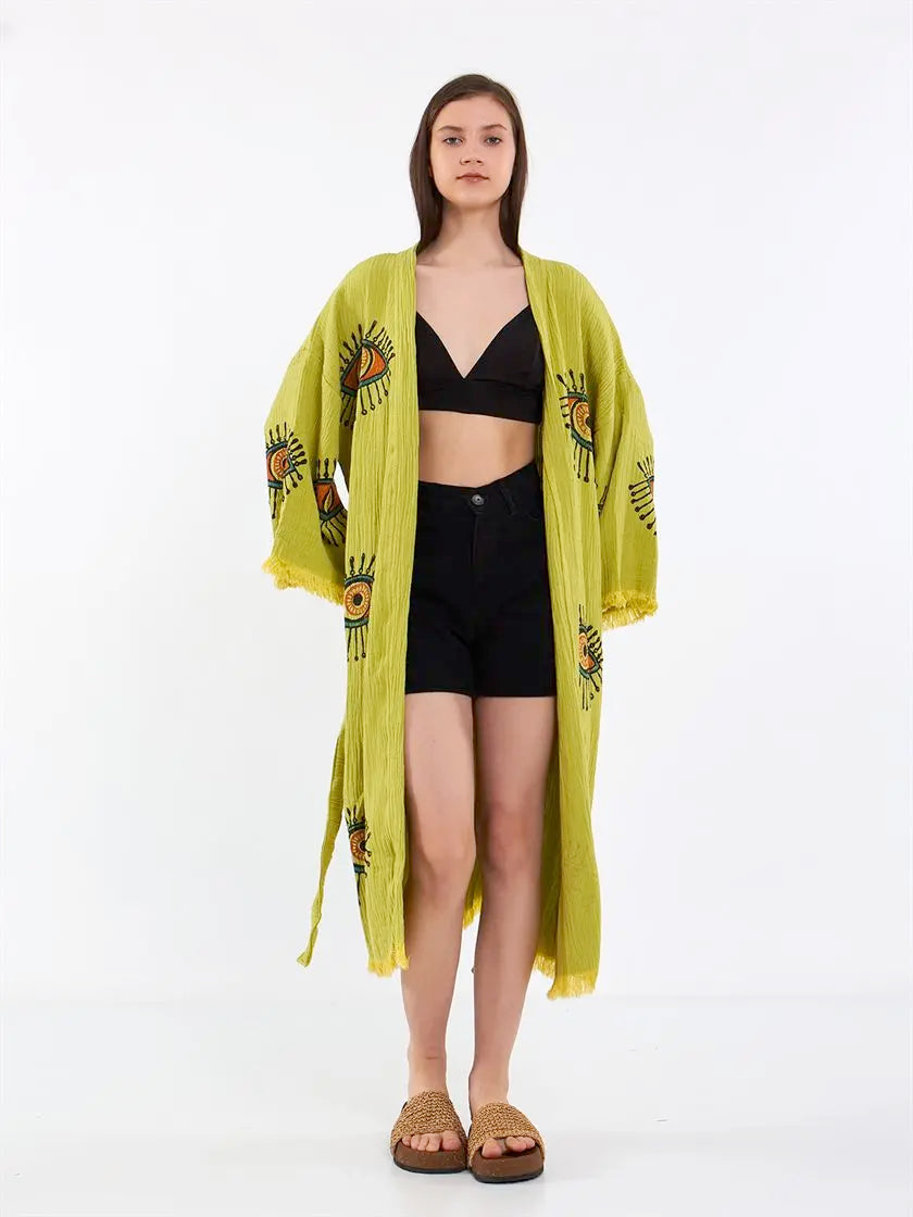 Green Kimono, Organic Cotton Soft Robe, Evil Eye Robe