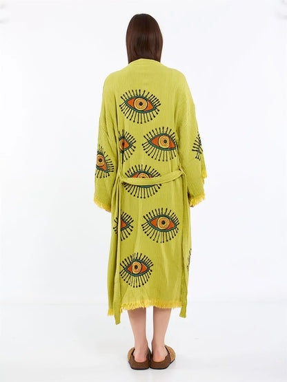 Green Kimono, Organic Cotton Soft Robe, Evil Eye Robe