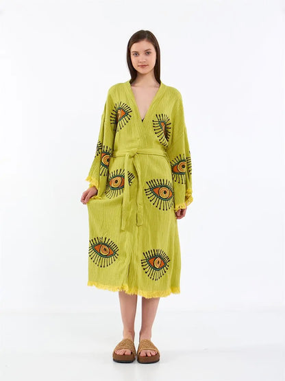 Green Kimono, Organic Cotton Soft Robe, Evil Eye Robe