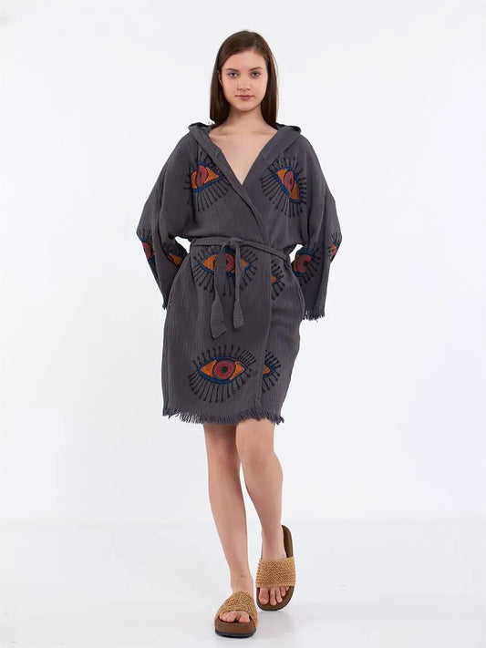 Hooded Cotton Robe, Soft Kimono, Evil Eye Robe