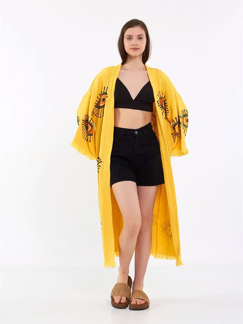 Cotton Kimono, Long Kimono, Cotton Robe, Evil Eye Kimono