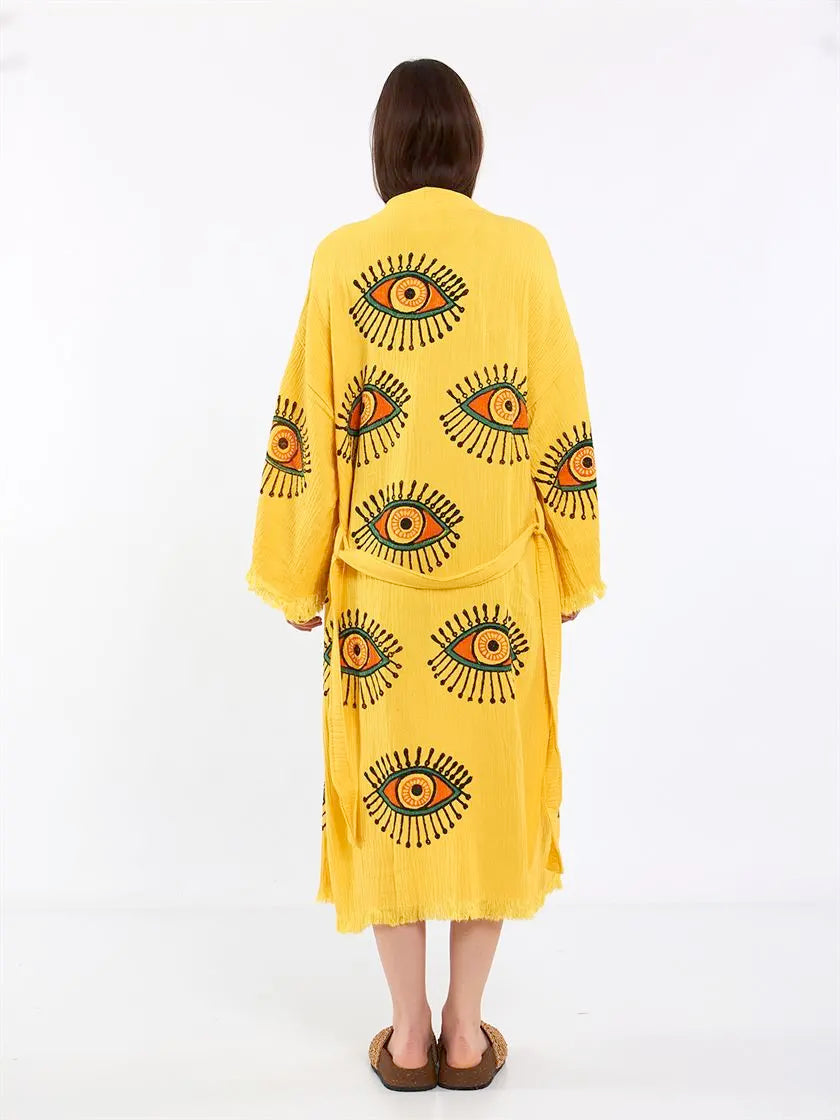 Cotton Kimono, Long Kimono, Cotton Robe, Evil Eye Kimono