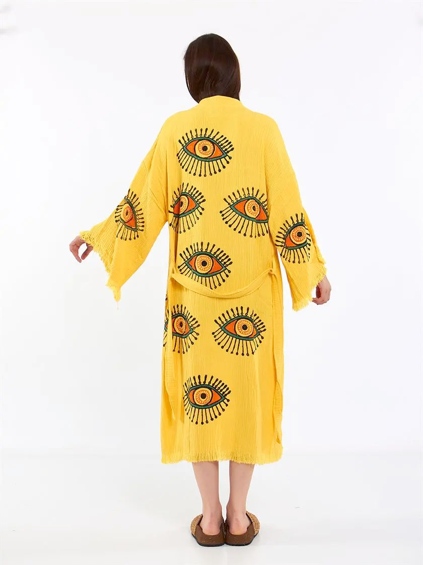 Cotton Kimono, Long Kimono, Cotton Robe, Evil Eye Kimono