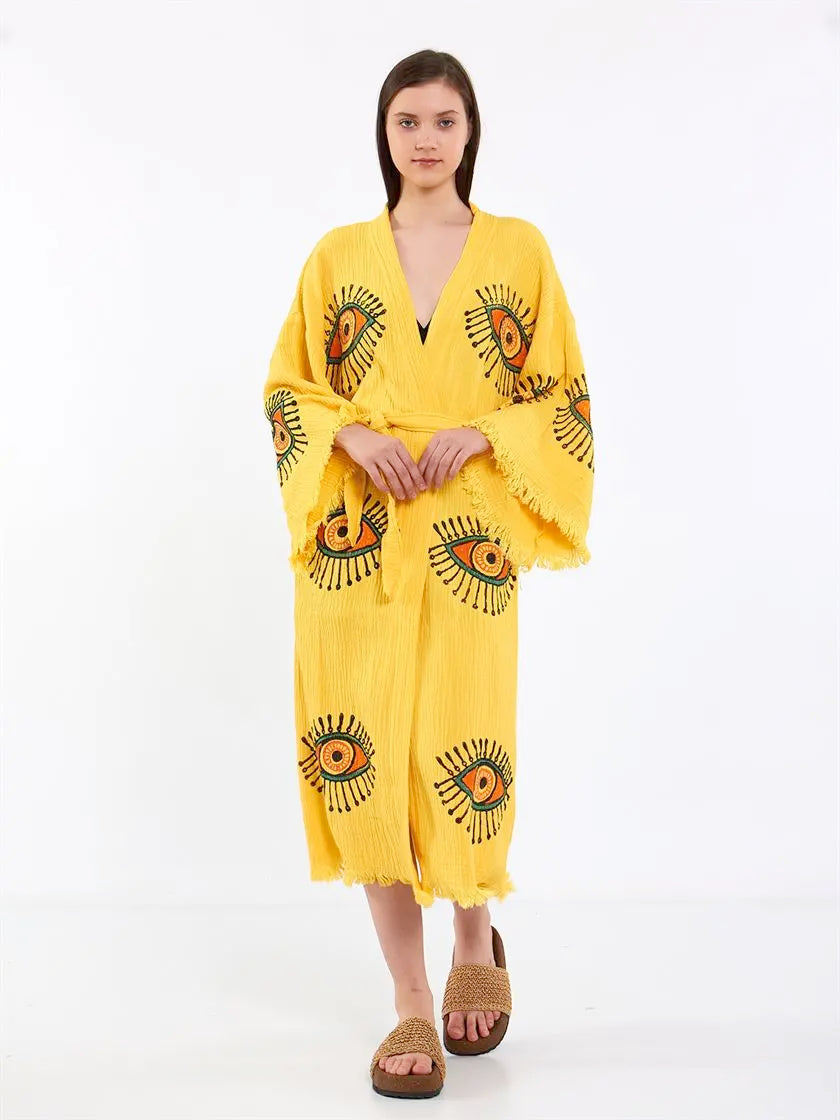 Cotton Kimono, Long Kimono, Cotton Robe, Evil Eye Kimono