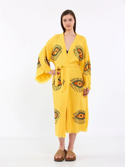 Cotton Kimono, Long Kimono, Cotton Robe, Evil Eye Kimono