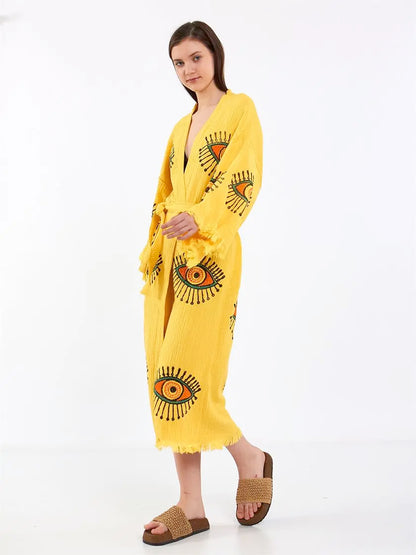 Cotton Kimono, Long Kimono, Cotton Robe, Evil Eye Kimono