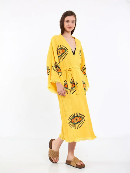 Cotton Kimono, Long Kimono, Cotton Robe, Evil Eye Kimono