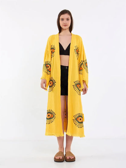 Cotton Kimono, Long Kimono, Cotton Robe, Evil Eye Kimono