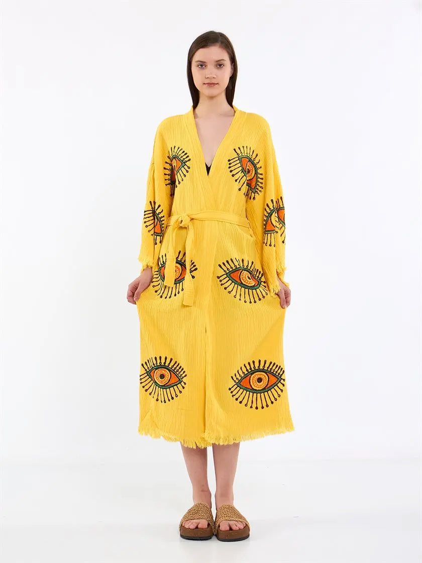 Cotton Kimono, Long Kimono, Cotton Robe, Evil Eye Kimono