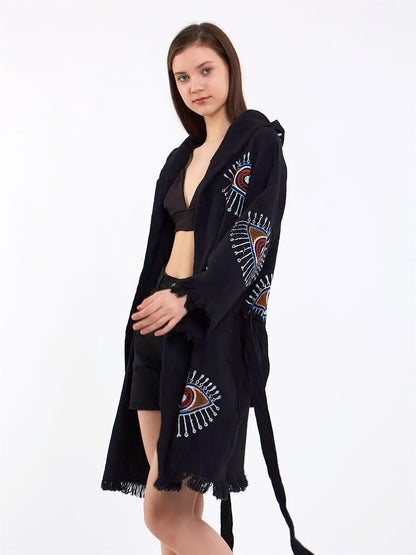 Organic Cotton Hooded Kimono, Evil Eye Robe with Hood