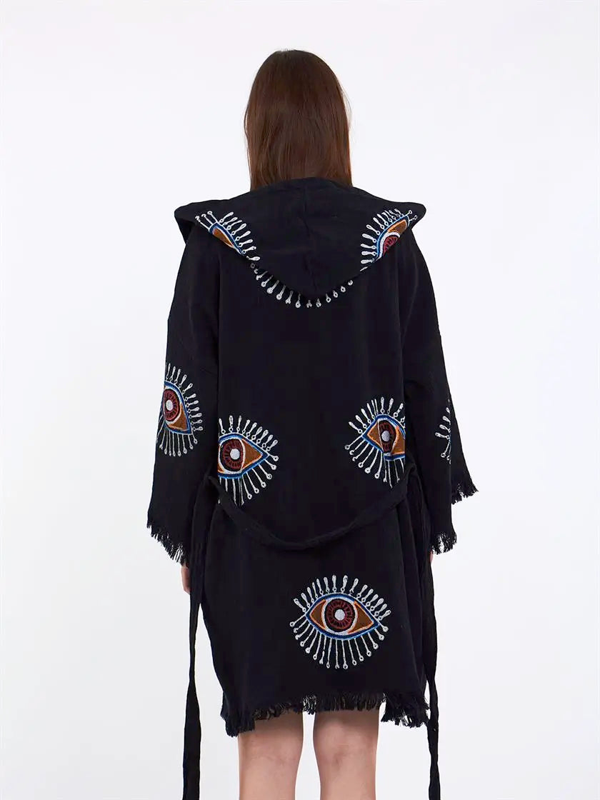 Organic Cotton Hooded Kimono, Evil Eye Robe with Hood