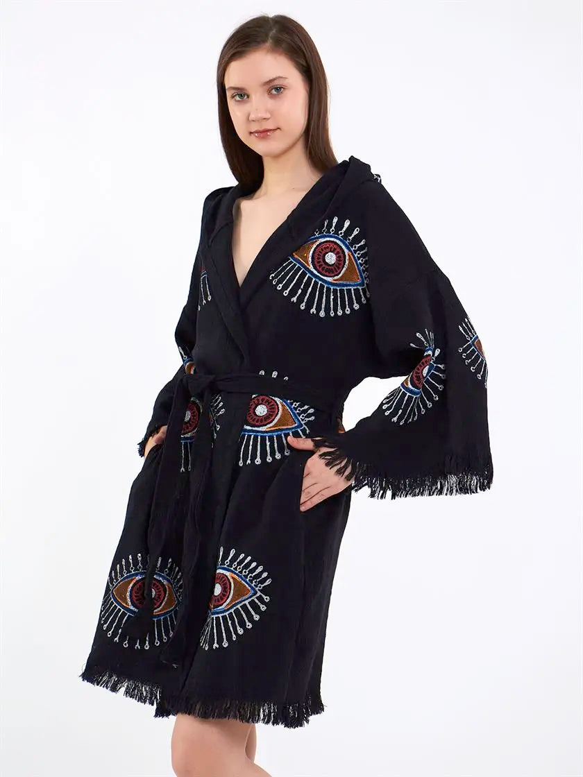 Organic Cotton Hooded Kimono, Evil Eye Robe with Hood