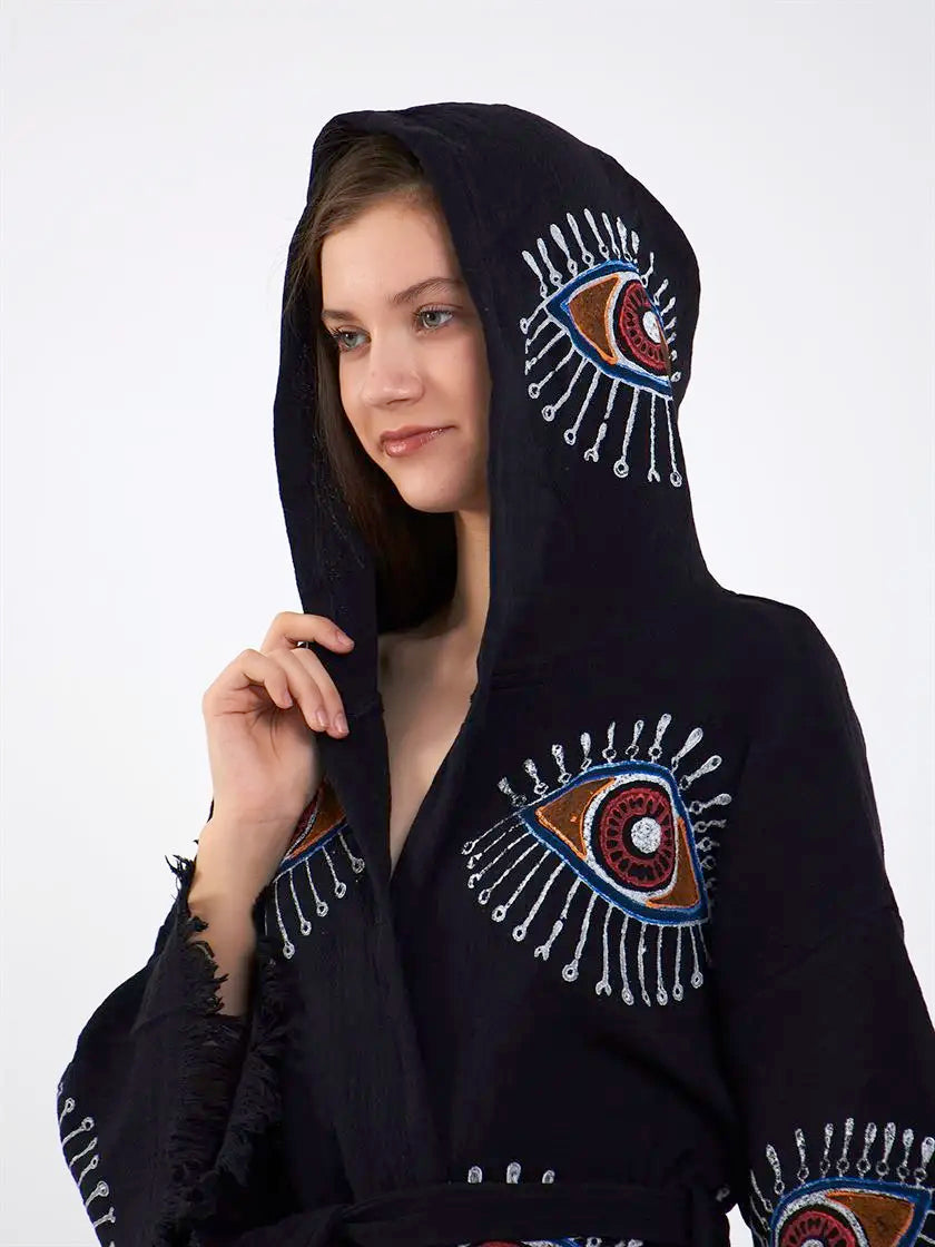 Organic Cotton Hooded Kimono, Evil Eye Robe with Hood