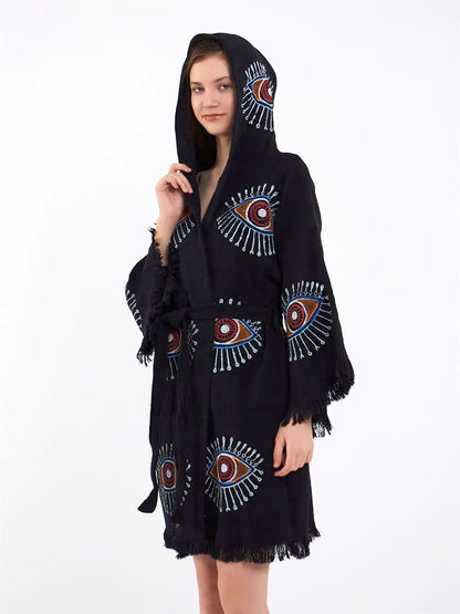 Organic Cotton Hooded Kimono, Evil Eye Robe with Hood