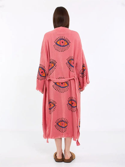 Pink Cotton Rove, Evil Eye Kimono, Boho Cotton Robe