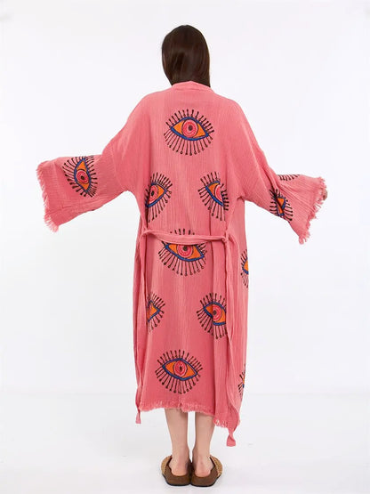 Pink Cotton Rove, Evil Eye Kimono, Boho Cotton Robe