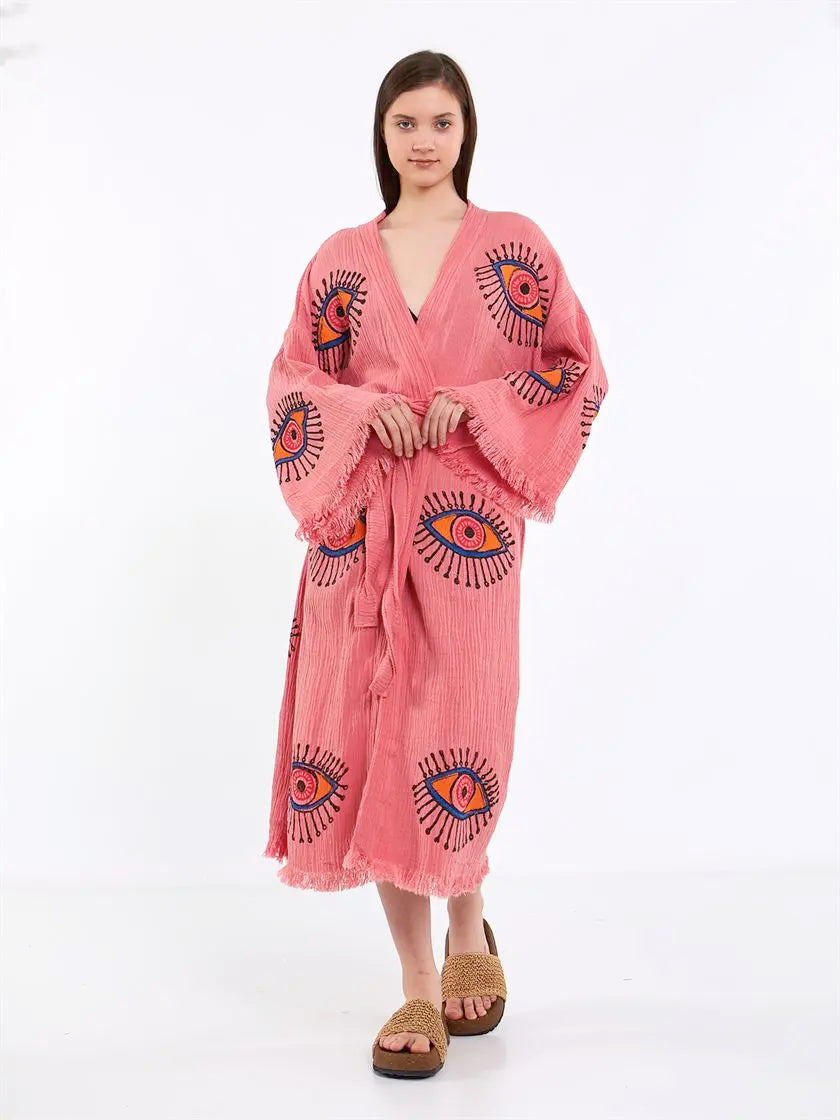 Pink Cotton Rove, Evil Eye Kimono, Boho Cotton Robe