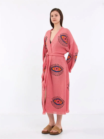 Pink Cotton Rove, Evil Eye Kimono, Boho Cotton Robe