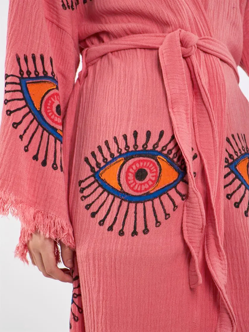 Pink Cotton Rove, Evil Eye Kimono, Boho Cotton Robe